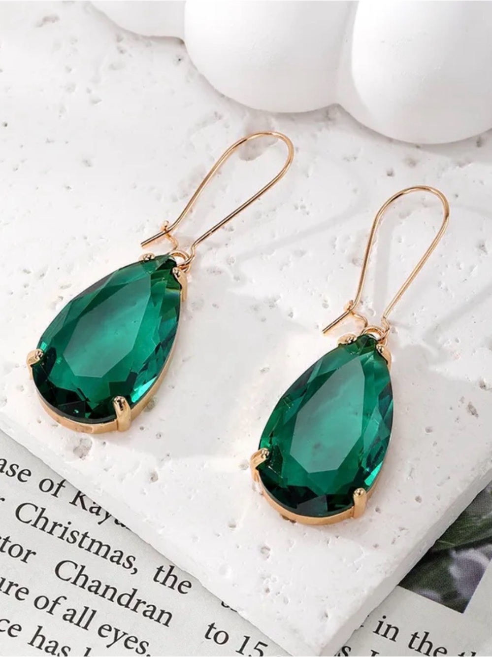 Emerald Green Crystal Teardrop Dangle Earrings Gold Tone